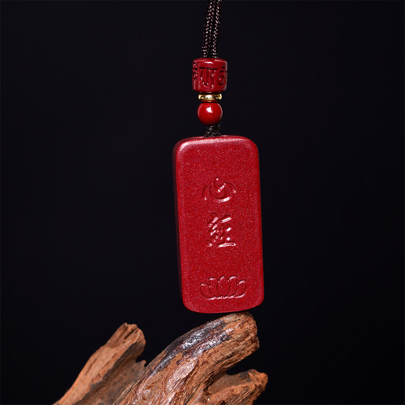Wear FengShui Cinnabar Lotus Heart Sutra Engraved Blessing Rope Necklace Pendant
