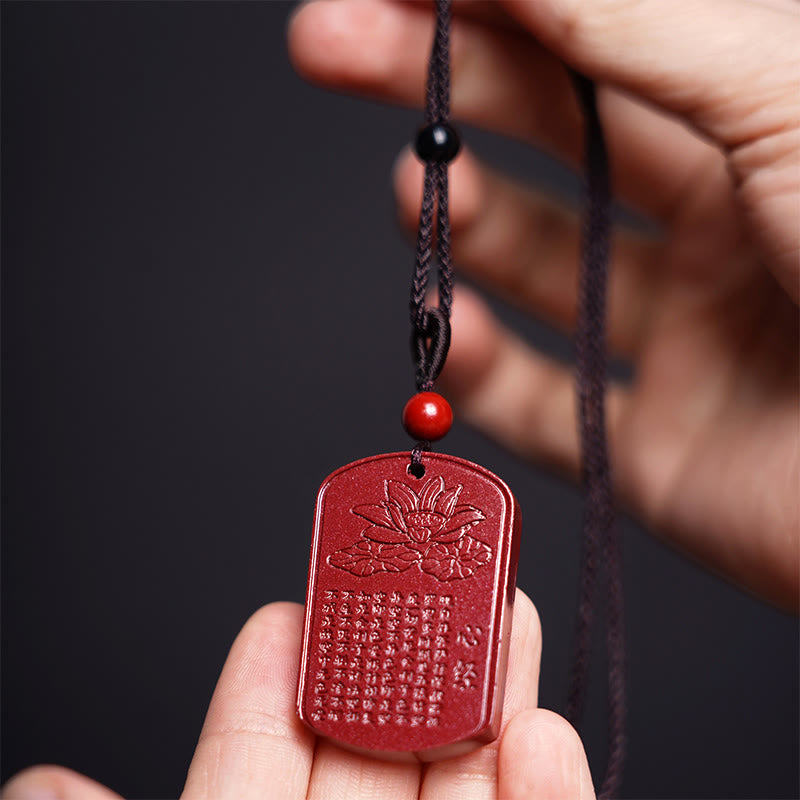 Wear FengShui Cinnabar Lotus Heart Sutra Engraved Blessing Rope Necklace Pendant