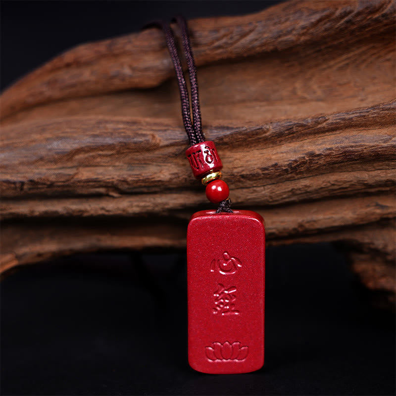 Wear FengShui Cinnabar Lotus Heart Sutra Engraved Blessing Rope Necklace Pendant