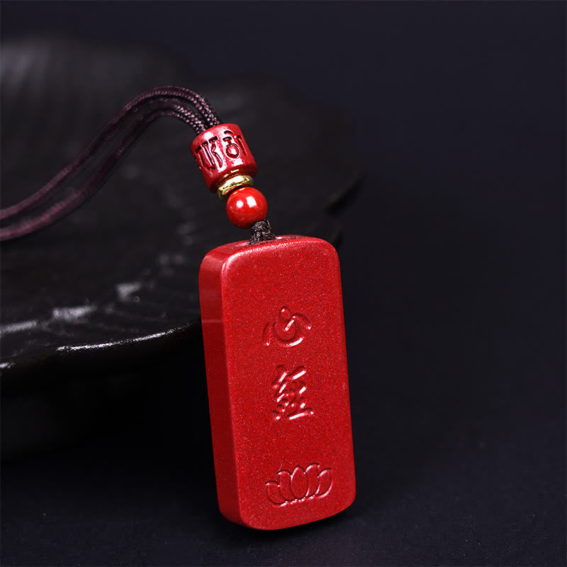 Wear FengShui Cinnabar Lotus Heart Sutra Engraved Blessing Rope Necklace Pendant
