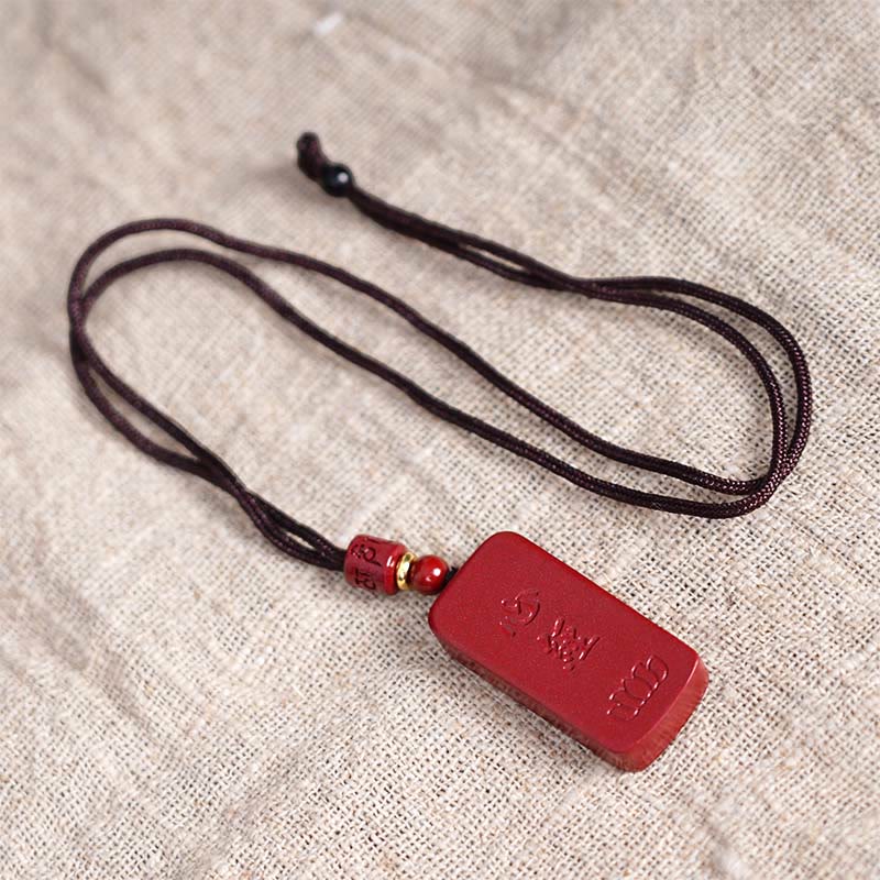 Wear FengShui Cinnabar Lotus Heart Sutra Engraved Blessing Rope Necklace Pendant