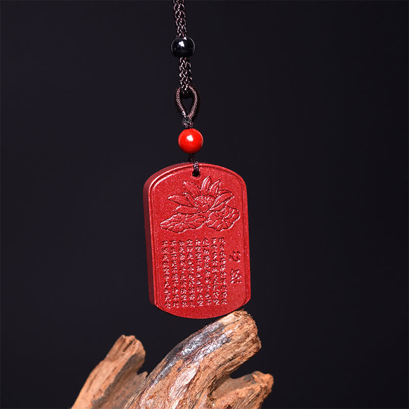 Wear FengShui Cinnabar Lotus Heart Sutra Engraved Blessing Rope Necklace Pendant