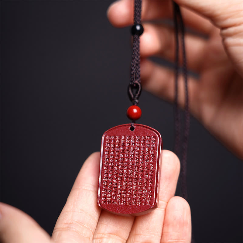 Wear FengShui Cinnabar Lotus Heart Sutra Engraved Blessing Rope Necklace Pendant