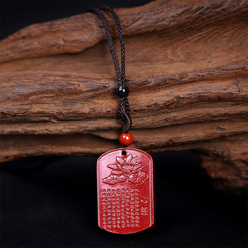 Wear FengShui Cinnabar Lotus Heart Sutra Engraved Blessing Rope Necklace Pendant
