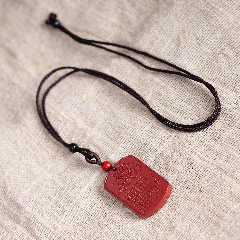 Wear FengShui Cinnabar Lotus Heart Sutra Engraved Blessing Rope Necklace Pendant