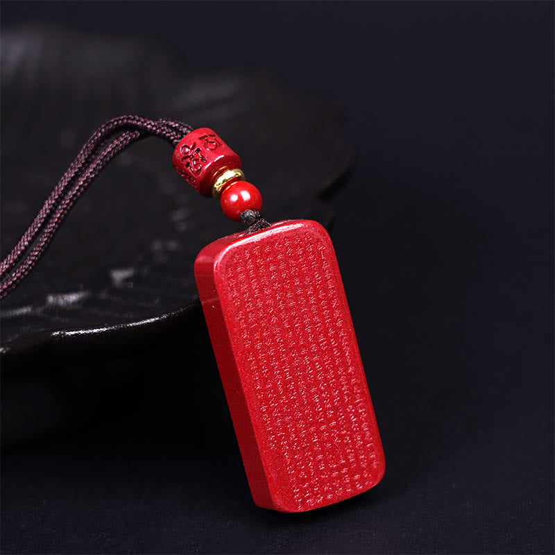 Wear FengShui Cinnabar Lotus Heart Sutra Engraved Blessing Rope Necklace Pendant