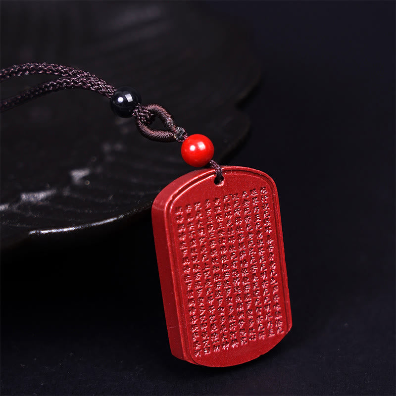 Wear FengShui Cinnabar Lotus Heart Sutra Engraved Blessing Rope Necklace Pendant