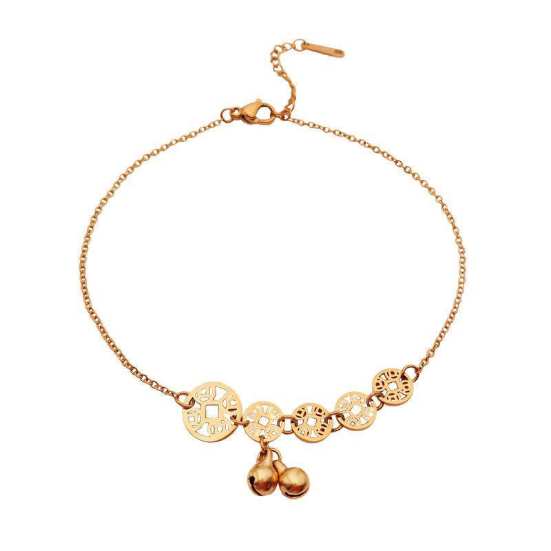 Wear FengShui Copper Coins Bell Charm Titanium Steel Strengthen Anklet