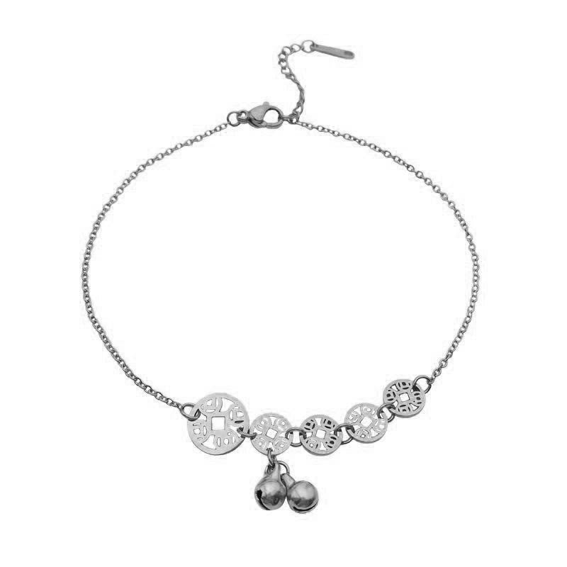 Wear FengShui Copper Coins Bell Charm Titanium Steel Strengthen Anklet