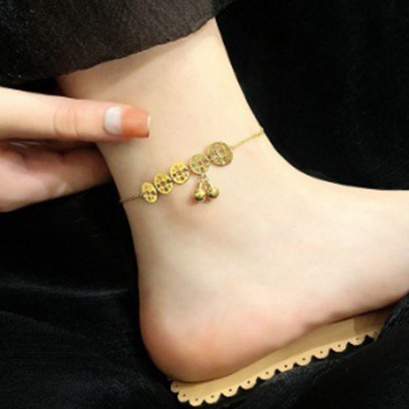 Wear FengShui Copper Coins Bell Charm Titanium Steel Strengthen Anklet