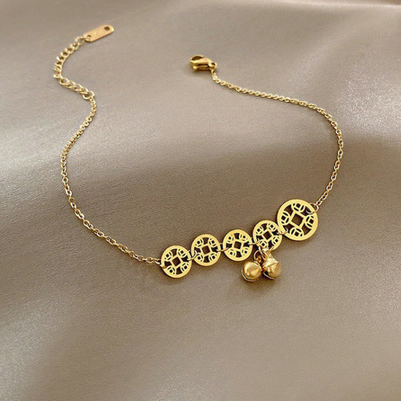 Wear FengShui Copper Coins Bell Charm Titanium Steel Strengthen Anklet
