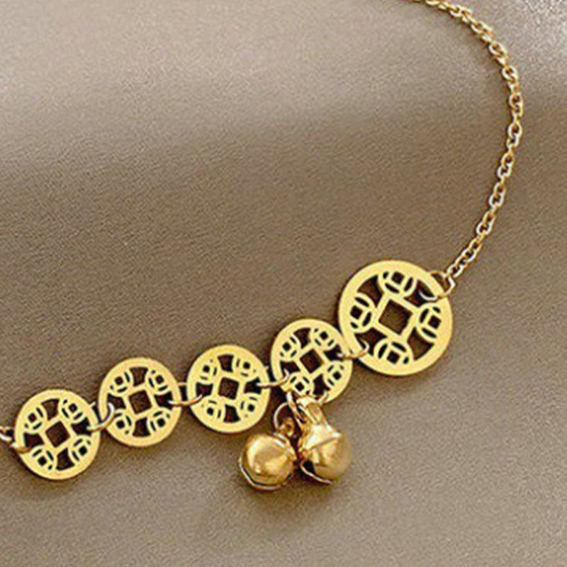 Wear FengShui Copper Coins Bell Charm Titanium Steel Strengthen Anklet