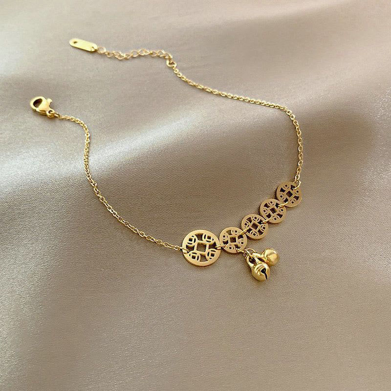 Wear FengShui Copper Coins Bell Charm Titanium Steel Strengthen Anklet