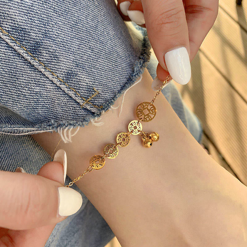 Wear FengShui Copper Coins Bell Charm Titanium Steel Strengthen Anklet