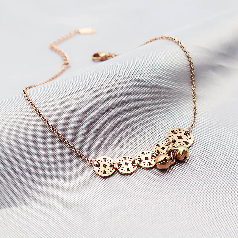 Wear FengShui Copper Coins Bell Charm Titanium Steel Strengthen Anklet