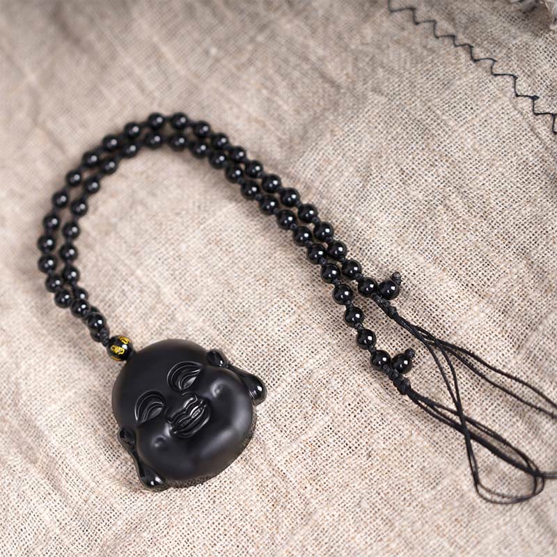 Wear FengShui Natural Black Obsidian Laughing Buddha Purification Necklace Pendant