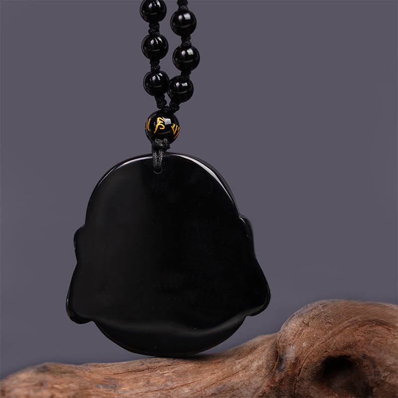 Wear FengShui Natural Black Obsidian Laughing Buddha Purification Necklace Pendant