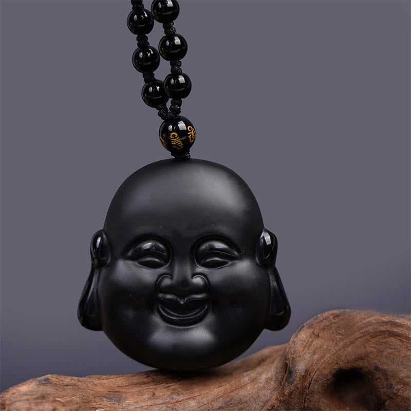 Wear FengShui Natural Black Obsidian Laughing Buddha Purification Necklace Pendant