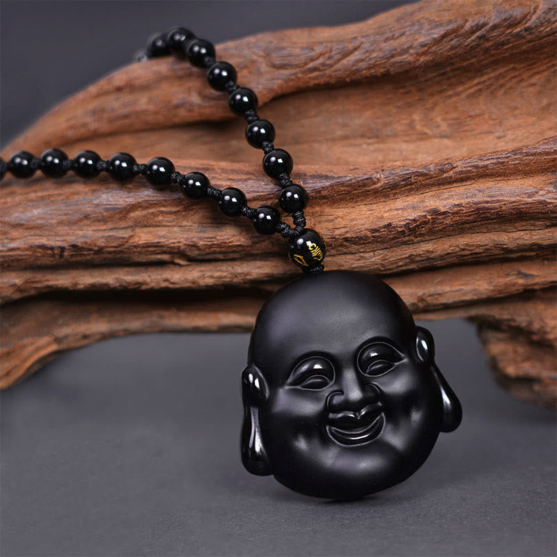 Wear FengShui Natural Black Obsidian Laughing Buddha Purification Necklace Pendant