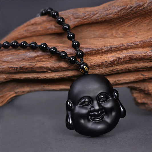 Wear FengShui Natural Black Obsidian Laughing Buddha Purification Necklace Pendant