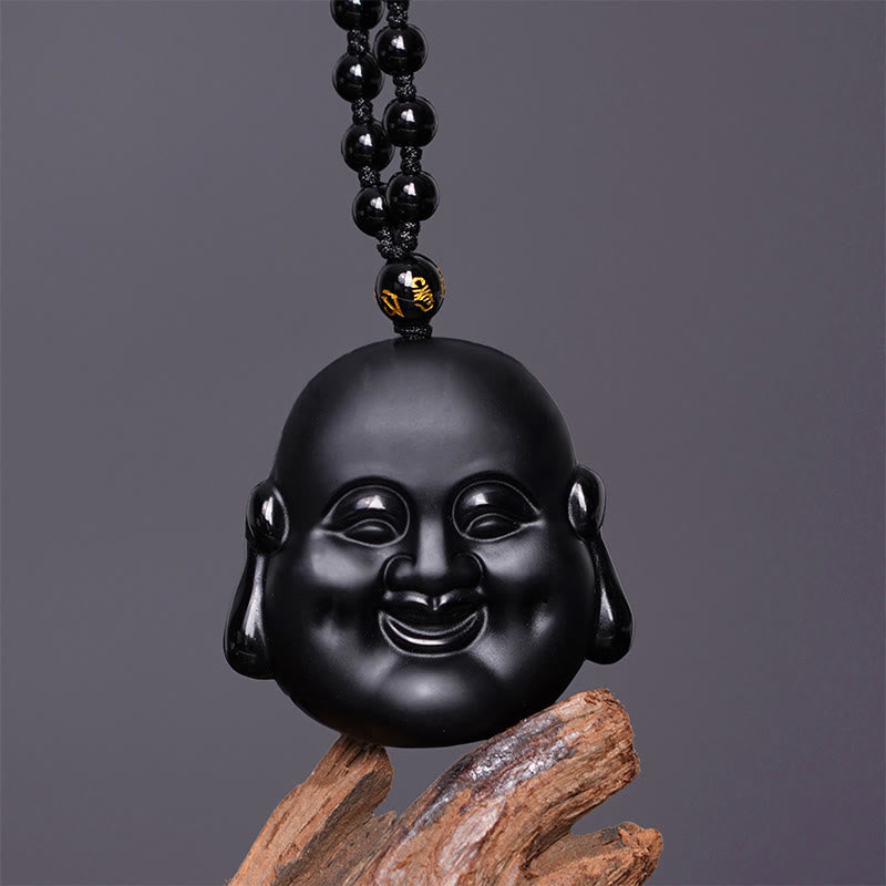 Wear FengShui Natural Black Obsidian Laughing Buddha Purification Necklace Pendant