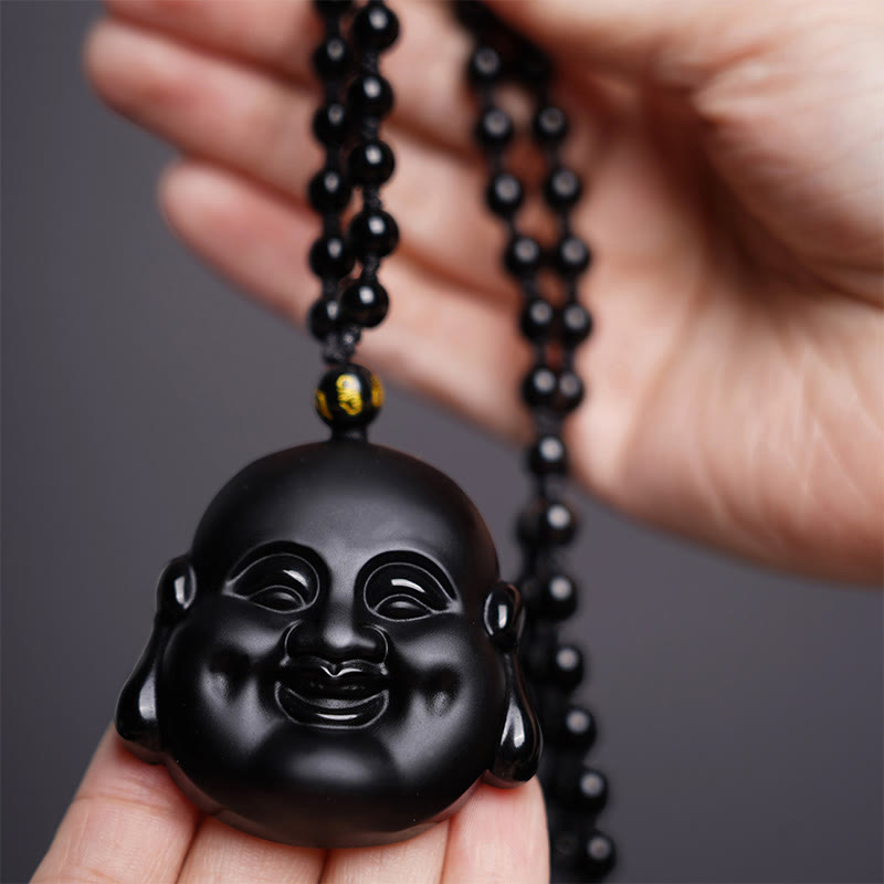 Wear FengShui Natural Black Obsidian Laughing Buddha Purification Necklace Pendant