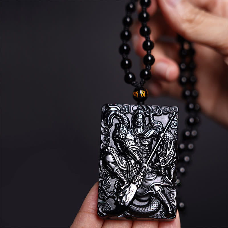 Wear FengShui Black Obsidian Guan Gong Amulet Engraved Strength Necklace Pendant