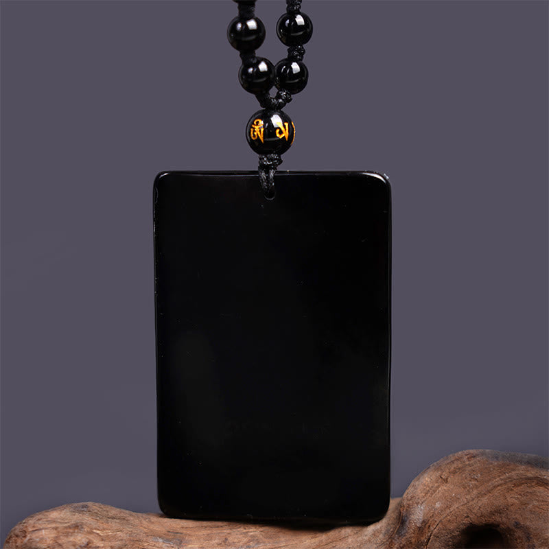 Wear FengShui Black Obsidian Guan Gong Amulet Engraved Strength Necklace Pendant