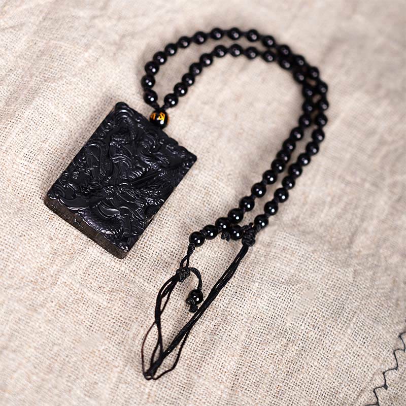 Wear FengShui Black Obsidian Guan Gong Amulet Engraved Strength Necklace Pendant