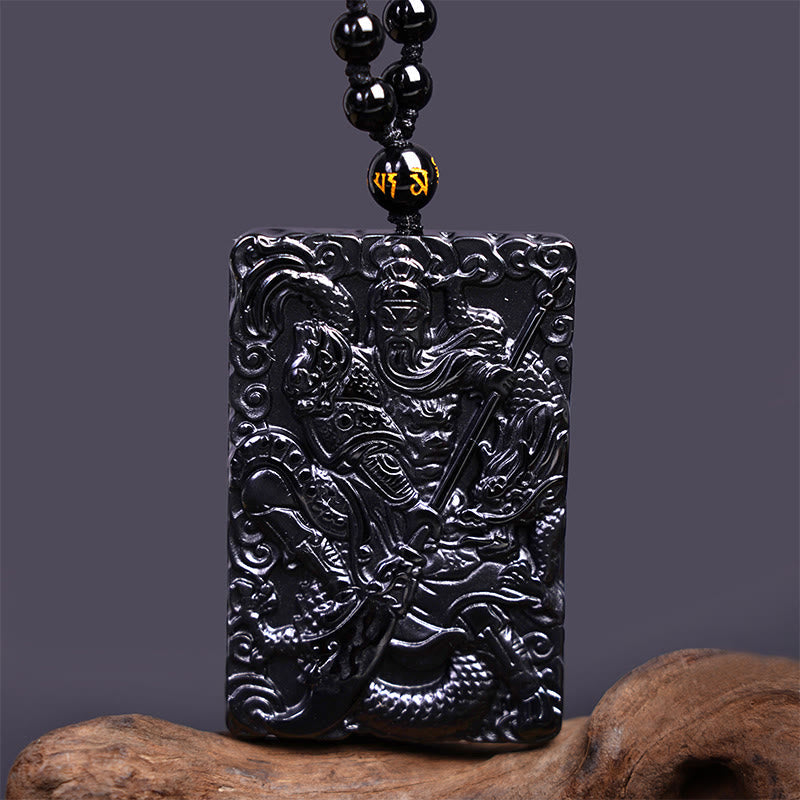 Wear FengShui Black Obsidian Guan Gong Amulet Engraved Strength Necklace Pendant