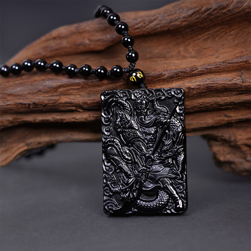 Wear FengShui Black Obsidian Guan Gong Amulet Engraved Strength Necklace Pendant