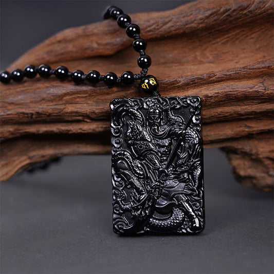 Wear FengShui Black Obsidian Guan Gong Amulet Engraved Strength Necklace Pendant