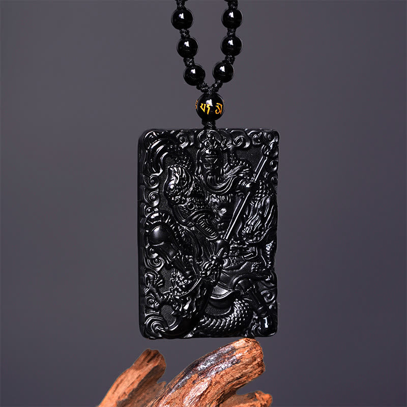 Wear FengShui Black Obsidian Guan Gong Amulet Engraved Strength Necklace Pendant