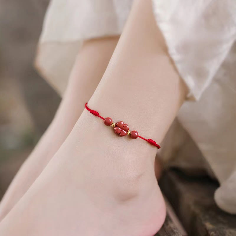Wear FengShui Cinnabar Four Leaf Clover Blessing String Rope Anklet
