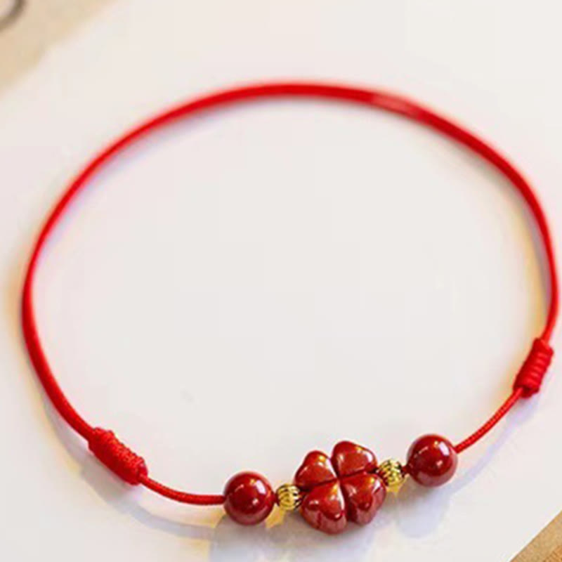 Wear FengShui Cinnabar Four Leaf Clover Blessing String Rope Anklet