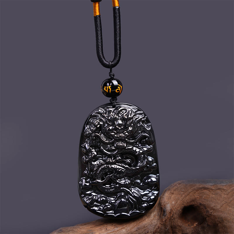 Wear FengShui Black Obsidian Dragon Carved Luck Protection Necklace Pendant
