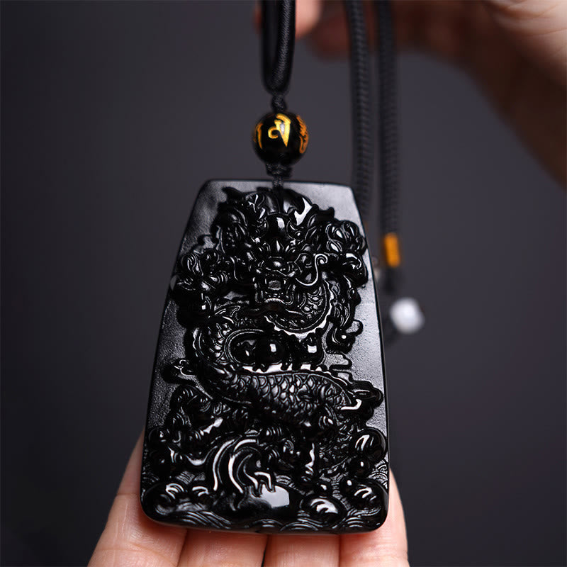 Wear FengShui Black Obsidian Dragon Carved Luck Protection Necklace Pendant