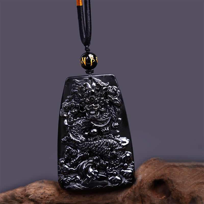 Wear FengShui Black Obsidian Dragon Carved Luck Protection Necklace Pendant