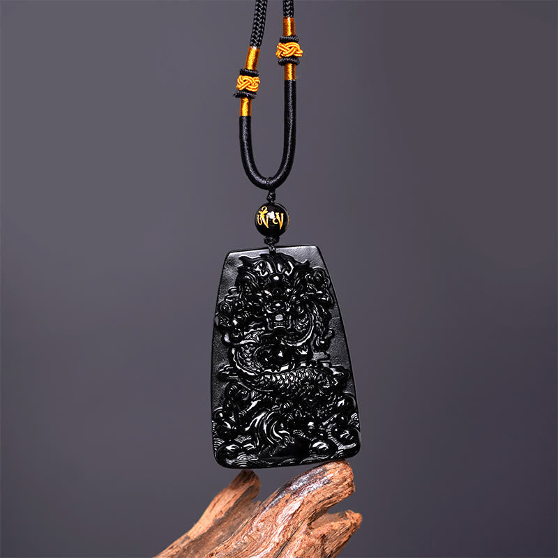Wear FengShui Black Obsidian Dragon Carved Luck Protection Necklace Pendant