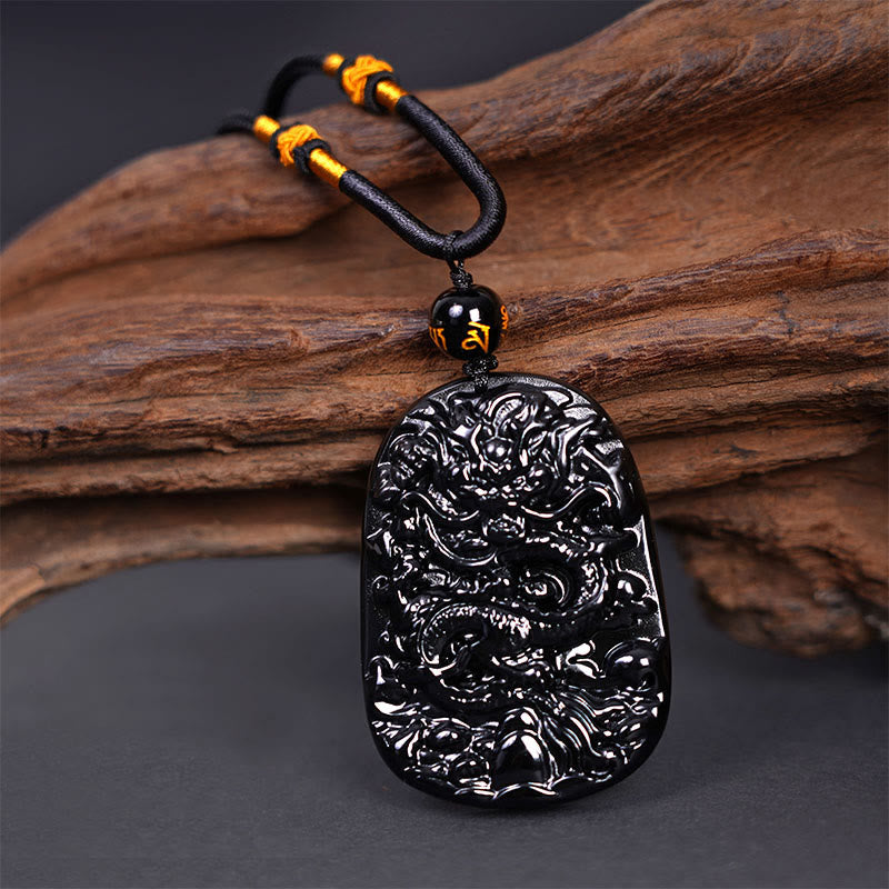 Wear FengShui Black Obsidian Dragon Carved Luck Protection Necklace Pendant