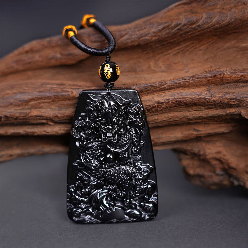 Wear FengShui Black Obsidian Dragon Carved Luck Protection Necklace Pendant