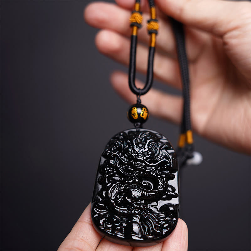 Wear FengShui Black Obsidian Dragon Carved Luck Protection Necklace Pendant