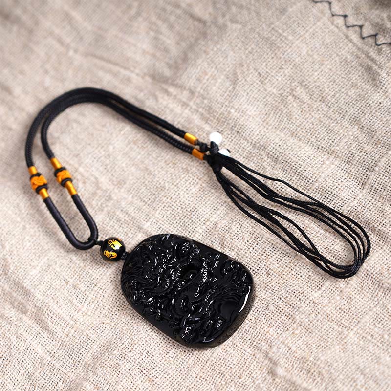 Wear FengShui Black Obsidian Dragon Carved Luck Protection Necklace Pendant