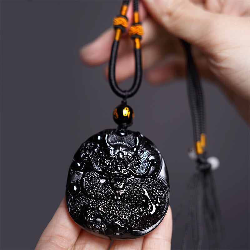 Wear FengShui Natural Black Obsidian Round Dragon Carved Protection Necklace Pendant