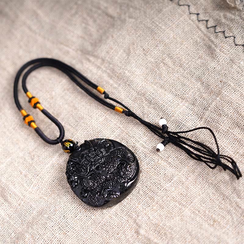 Wear FengShui Natural Black Obsidian Round Dragon Carved Protection Necklace Pendant