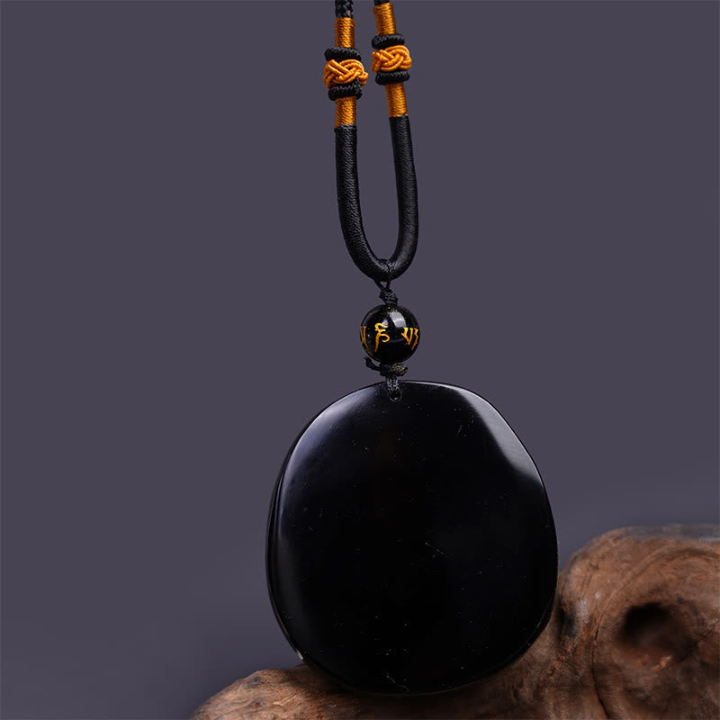 Wear FengShui Natural Black Obsidian Round Dragon Carved Protection Necklace Pendant