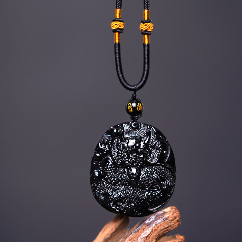 Wear FengShui Natural Black Obsidian Round Dragon Carved Protection Necklace Pendant