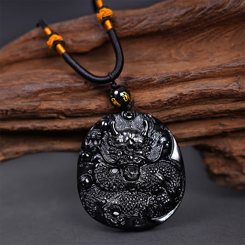 Wear FengShui Natural Black Obsidian Round Dragon Carved Protection Necklace Pendant