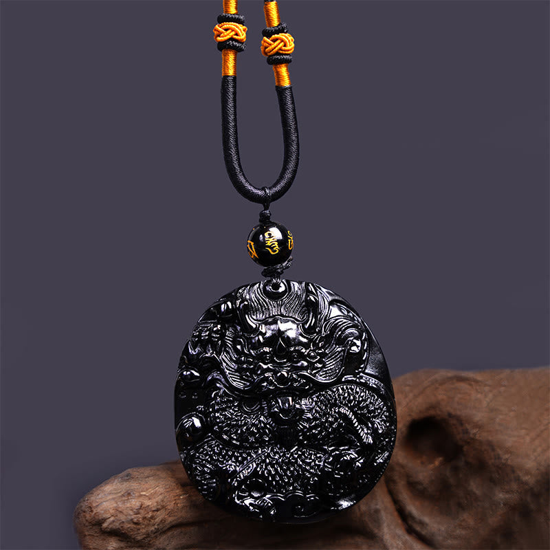 Wear FengShui Natural Black Obsidian Round Dragon Carved Protection Necklace Pendant