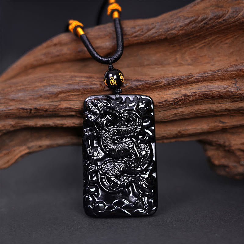 Wear FengShui Natural Black Obsidian Rectangular Dragon Engraved Success Necklace Pendant